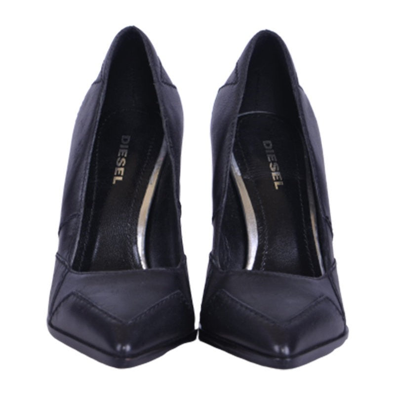 DIESEL OFFBEAT HEELS D AS Womens High Heels Black Leather Slip On Shoes RRP-£200