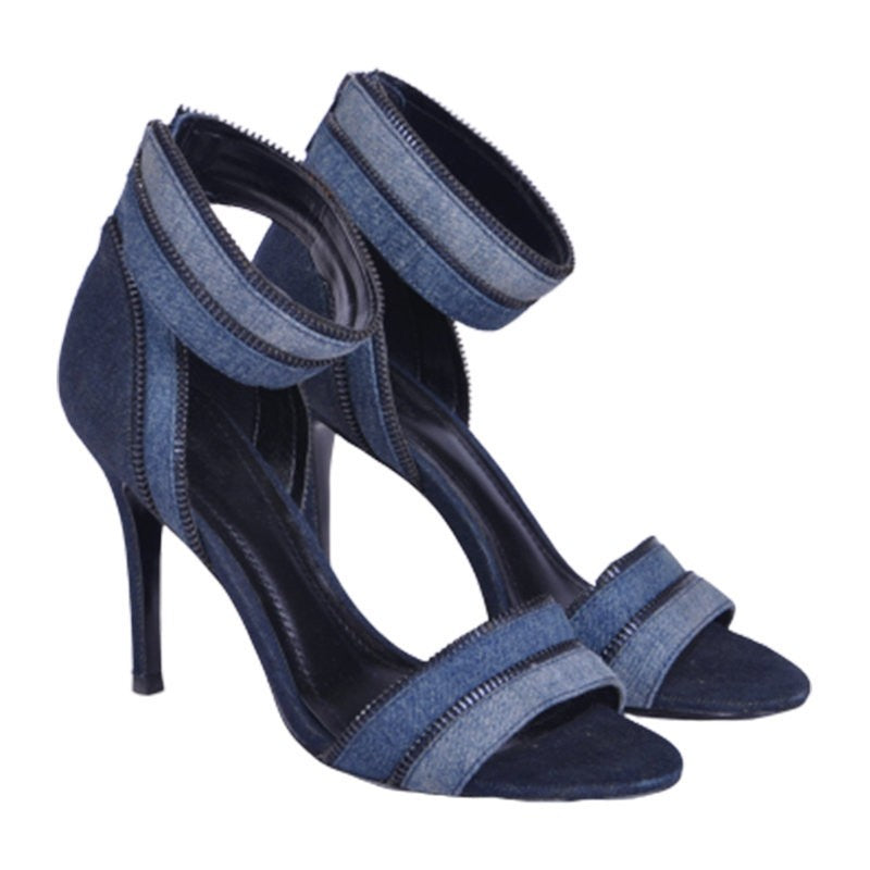 DIESEL Womens High Heels Denim Blue Slip On Open Toe Casual Pump Shoes RRP- £180
