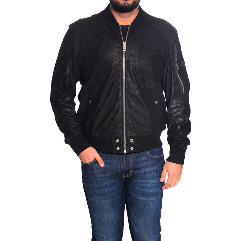 DIESEL L NIKOLAI Mens Bomber Jacket Leather Cafe Racer Winter Outwear Black Coat