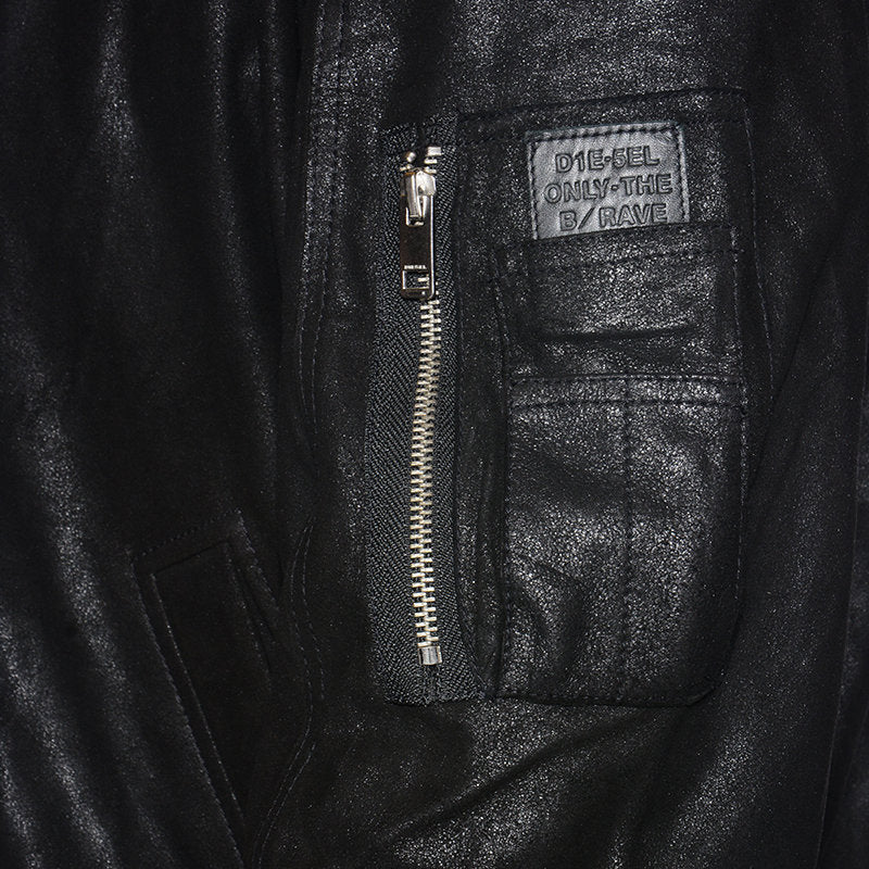 DIESEL L NIKOLAI Mens Bomber Jacket Leather Cafe Racer Winter Outwear Black Coat