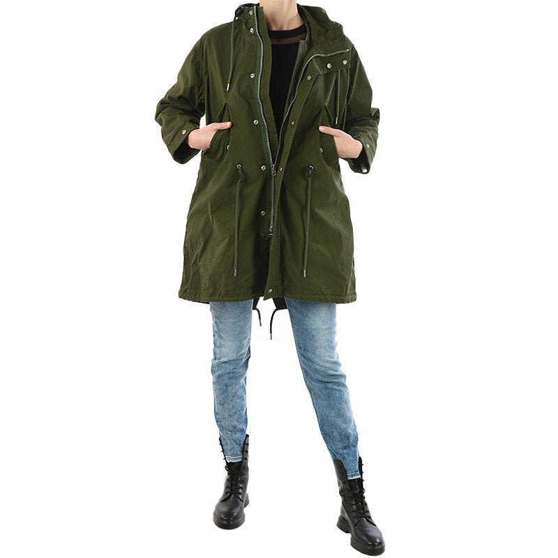 DIESEL R WIKIBI Womens Parka Jacket Casual Olive Green Winter Long Hooded Coat L