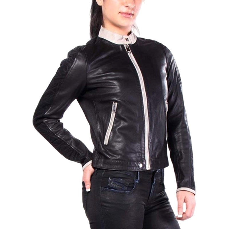 DIESEL L GIN Womens Leather Jacket Long Sleeve Cafe Racer Ladies Biker Zip Coat
