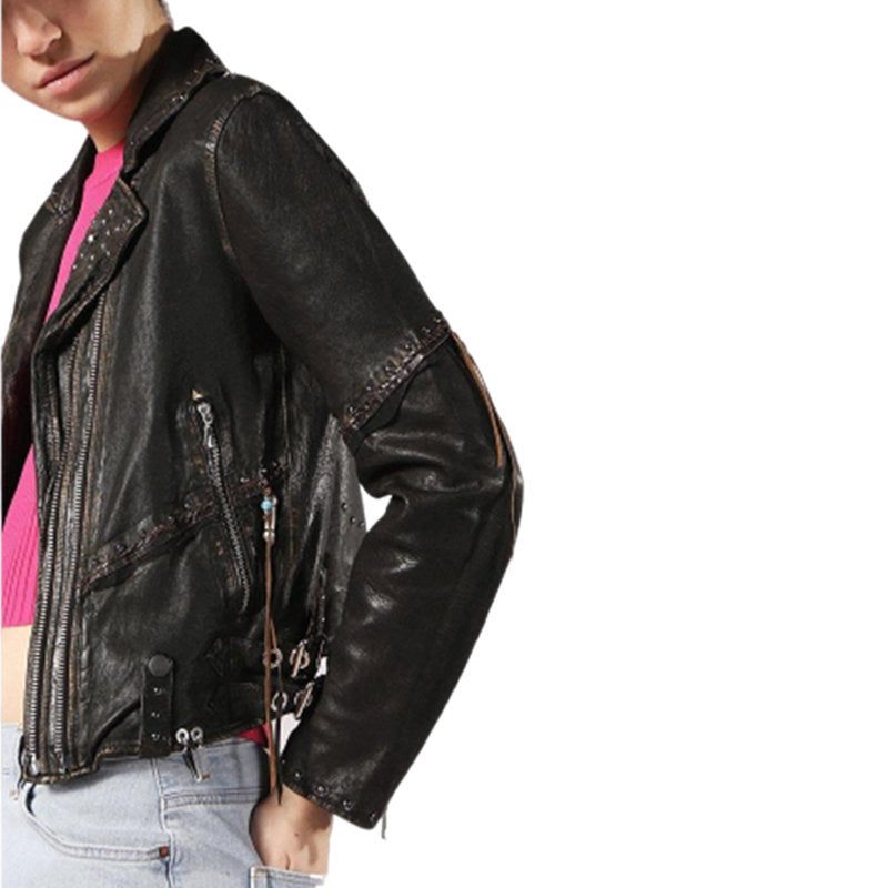 DIESEL L TERRY Womens Biker Jacket Genuine Leather Long Sleeve Cafe Racer Coat